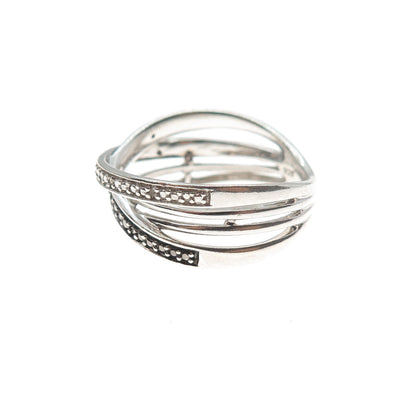 925 Sterling Silver Real Black & White Diamond Crisscross Ring Size 7