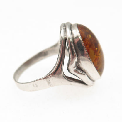 Fischland 835 Silver Vintage Germany Real Amber Modernist Ring Size 7.5