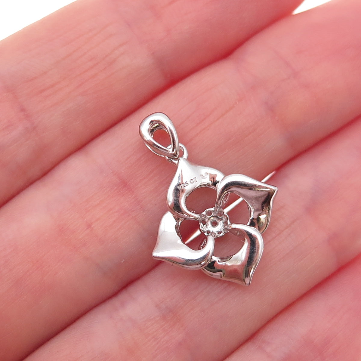 925 Sterling Silver Round-Cut C Z Floral Charm Pendant