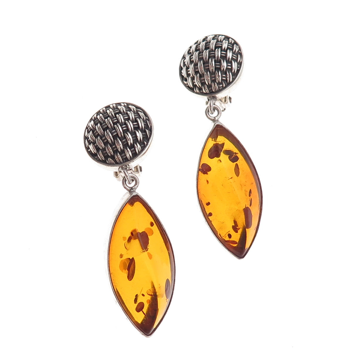 Lori Bonn 925 Sterling Silver Vintage Real Amber Modernist Clip On Earrings