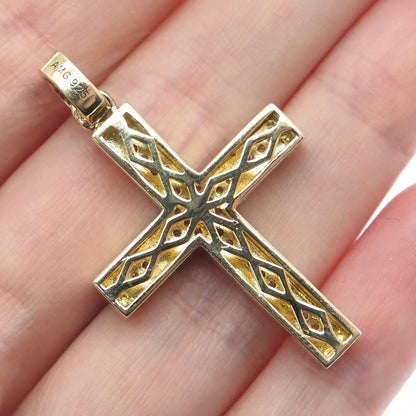 925 Sterling Silver Gold Plated Round-Cut C Z Cross Pendant