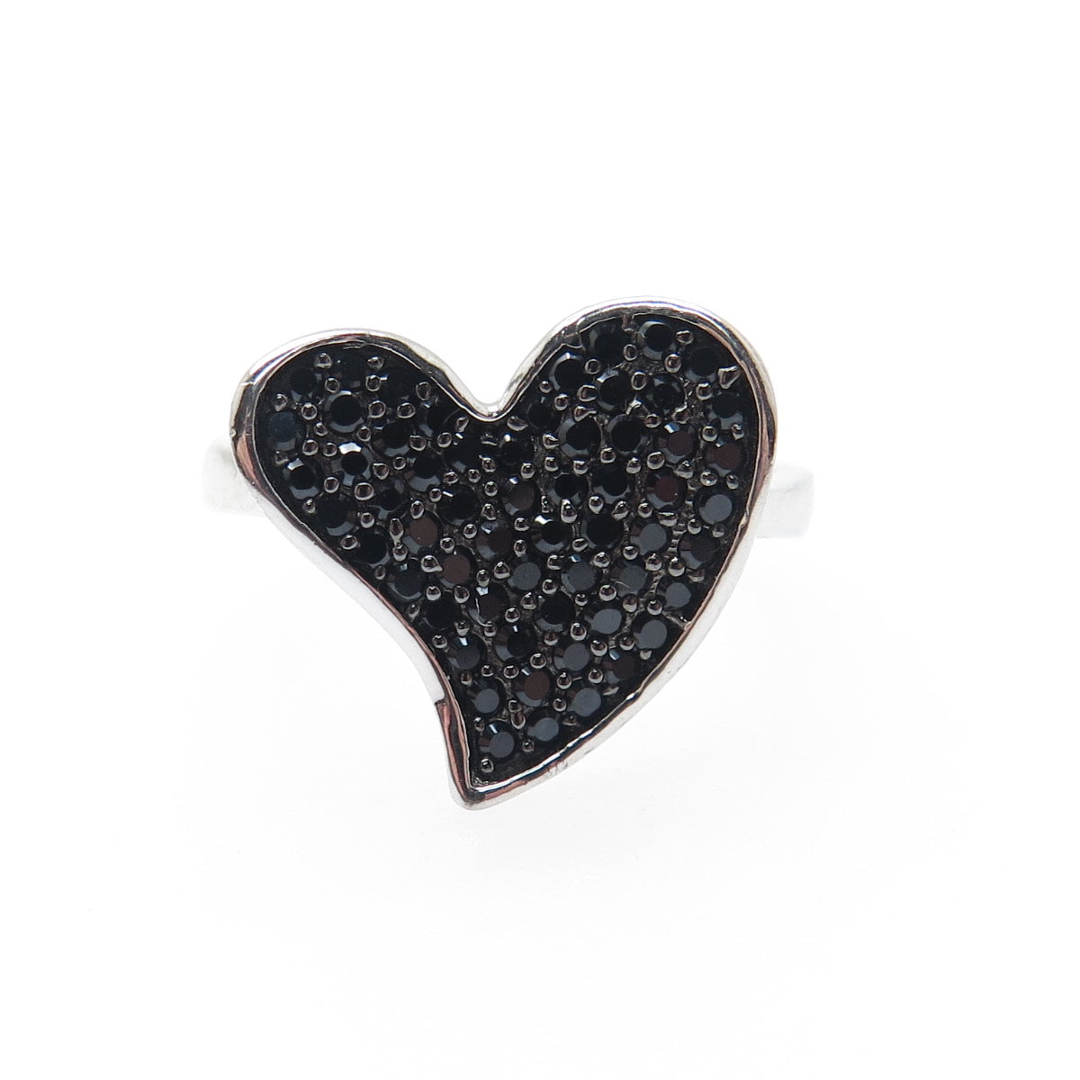 925 Sterling Silver Real Round-Cut Black Spinel Heart Ring Size 5.5