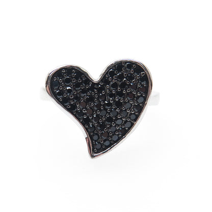 925 Sterling Silver Real Round-Cut Black Spinel Heart Ring Size 5.5