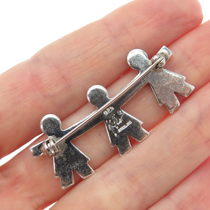NALDO 925 Sterling Silver 2-Tone Vintage Children Holding Hands Heart Pin Brooch