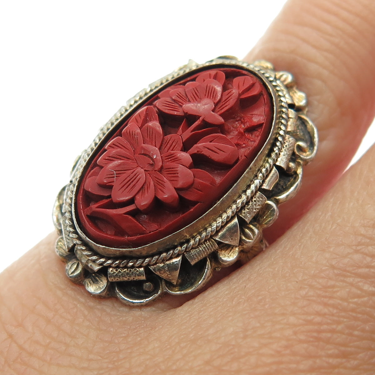 SUNC Sterling Gold Filled Antique China Carved Cinnabar Adjustable Ring Size 5