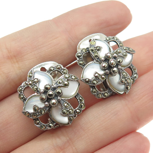 925 Sterling Silver Vintage MOP & Marcasite Clip On Earrings (missing 1 stone)