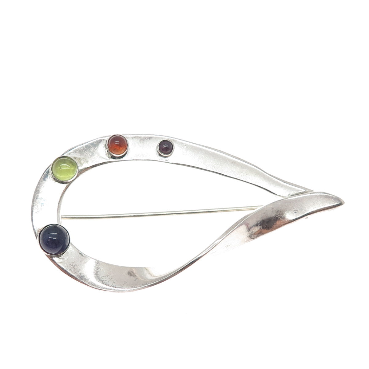 925 Sterling Vintage Real Agate Amethyst Tourmaline & Peridot Modernist Brooch