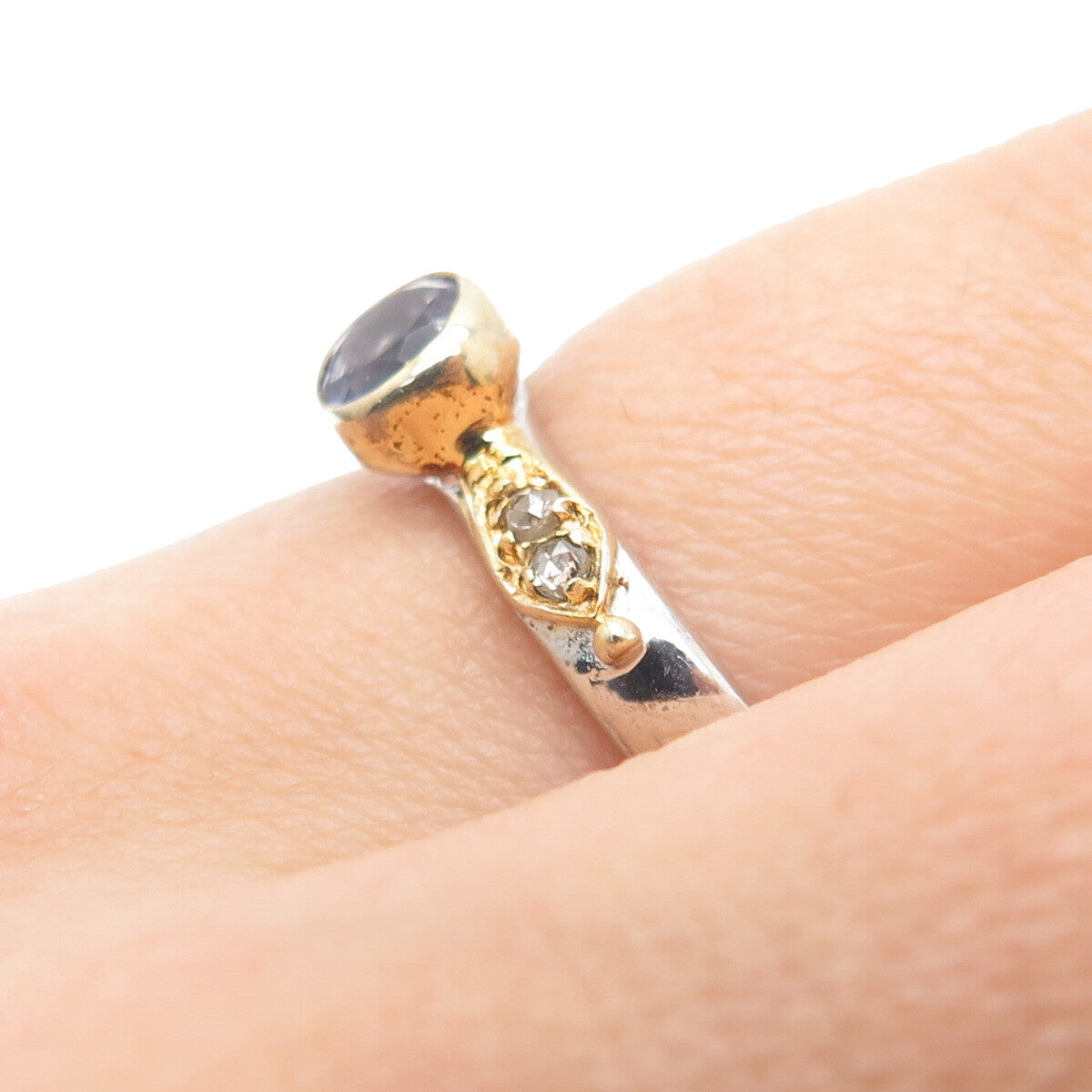 925 Sterling Silver 2-Tone Real Round-Cut Diamond & Iolite Ring Size 8