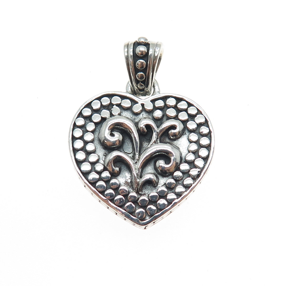 KEN CRAFTS 925 Sterling Silver Vintage Floral Heart Oxidized Charm Pendant