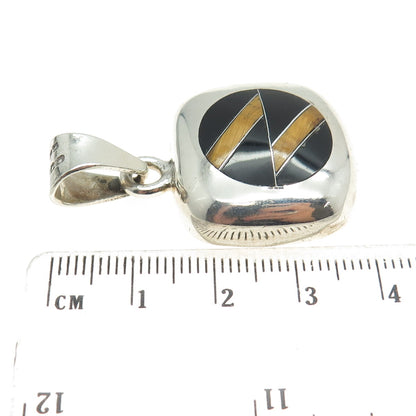 925 Sterling Silver Vintage Mexico Real Tiger Eye & Black Onyx Cushion Pendant