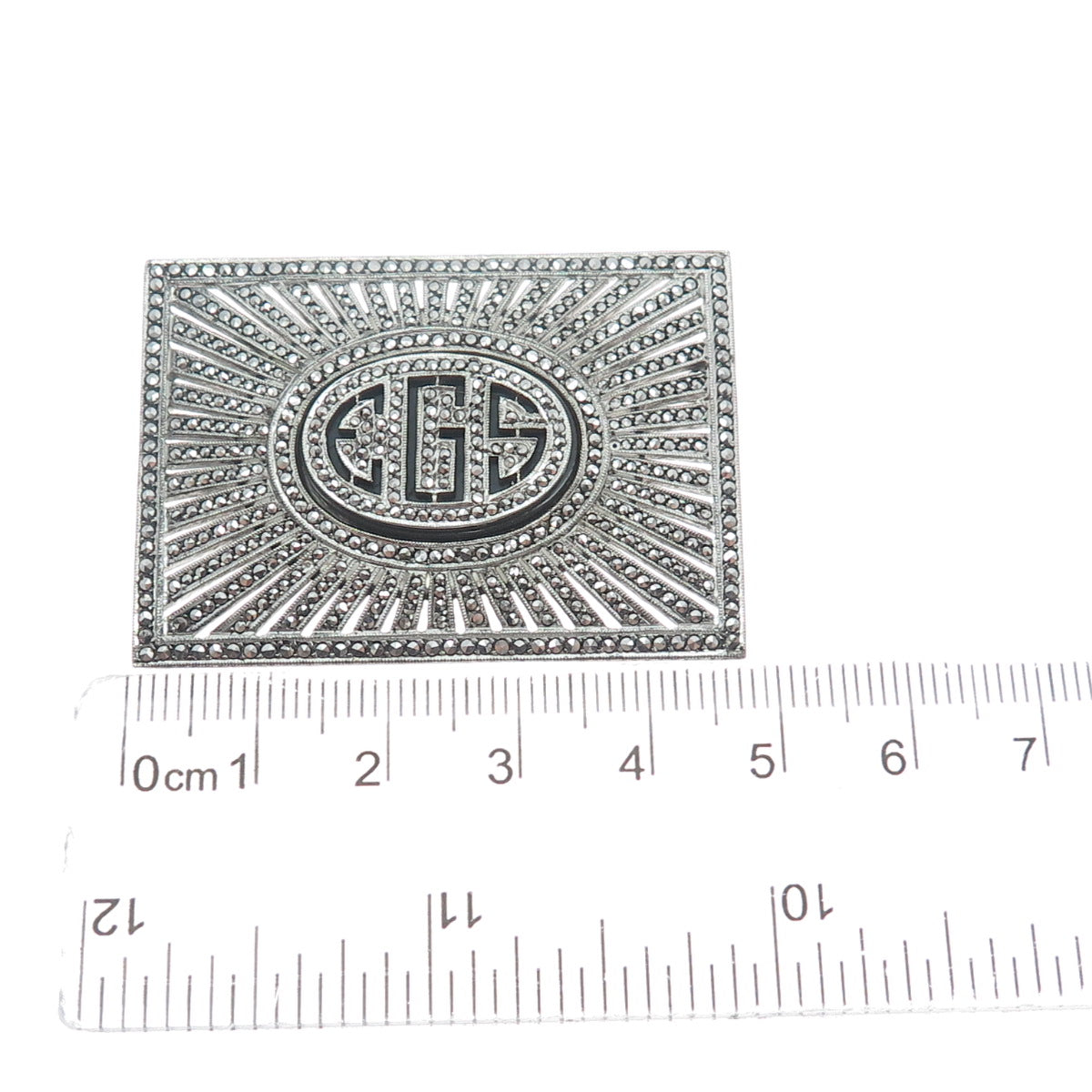 925 Sterling Silver Antique Real Black Onyx & Marcasite Gem EGS Monogram Brooch