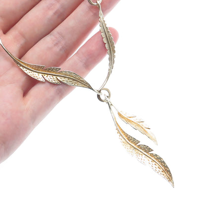 Old Pawn 925 Sterling Gold Plated Vintage Southwestern Feather Necklace 24"