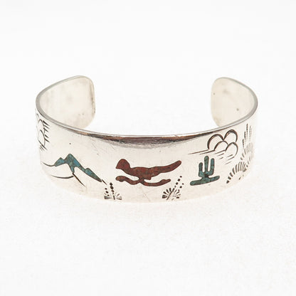 Old Pawn 925 Sterling Turquoise Coral Inlay Roadrunner Adjustable Bracelet 6.25"