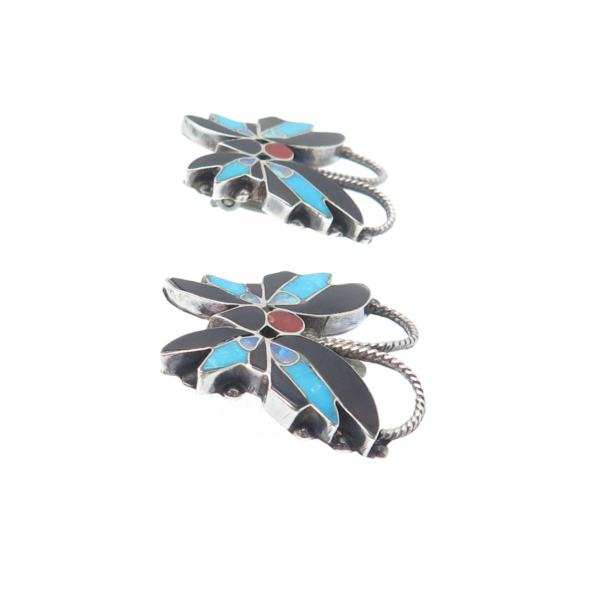 R WALLACE Old Pawn Sterling Opal Turquoise Coral Onyx Butterfly Clip On Earrings