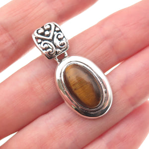 SX Sally C 925 Sterling Silver Vintage Real Tiger Eye Oxidized Charm Pendant