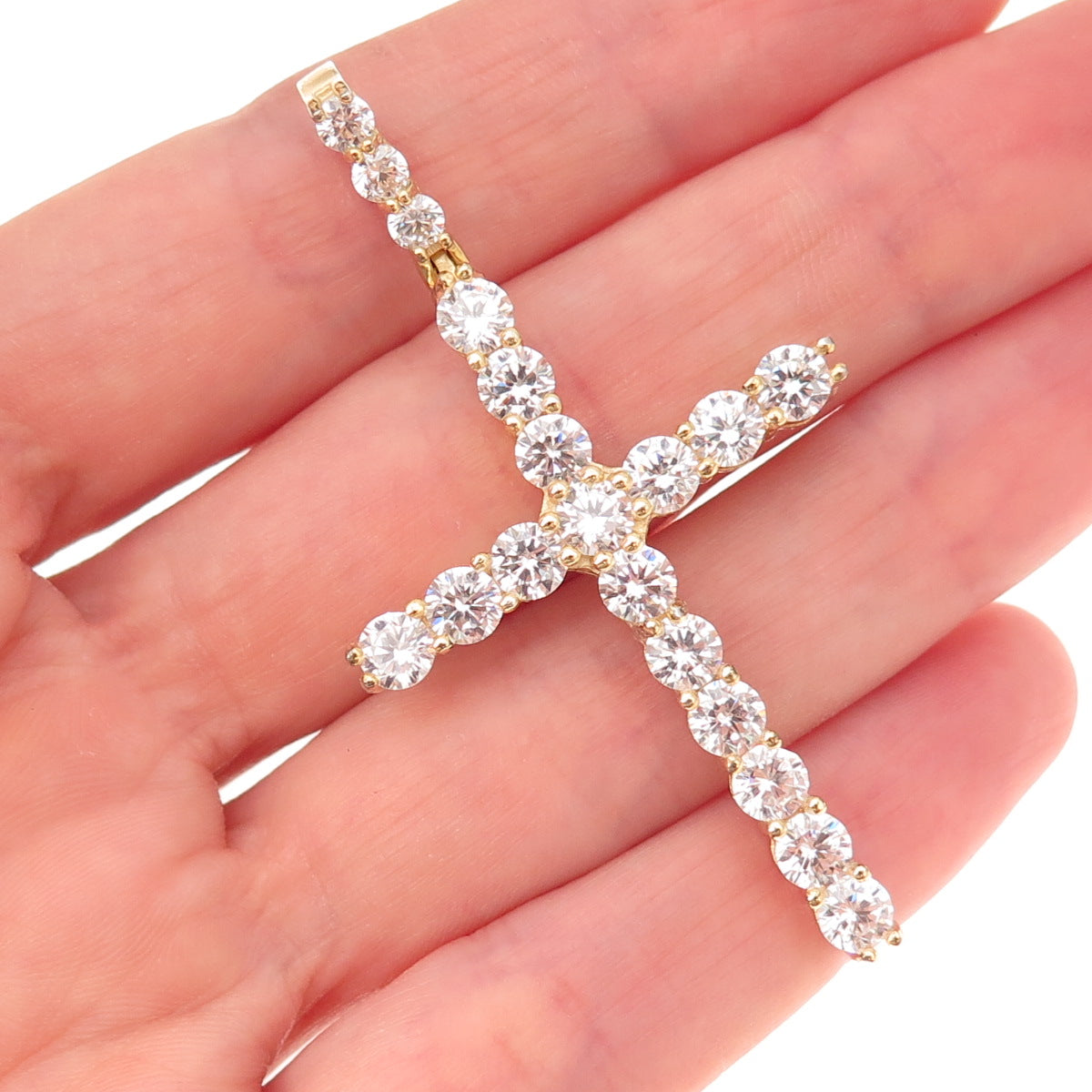 925 Sterling Silver Gold Plated Round-Cut C Z Cross Pendant