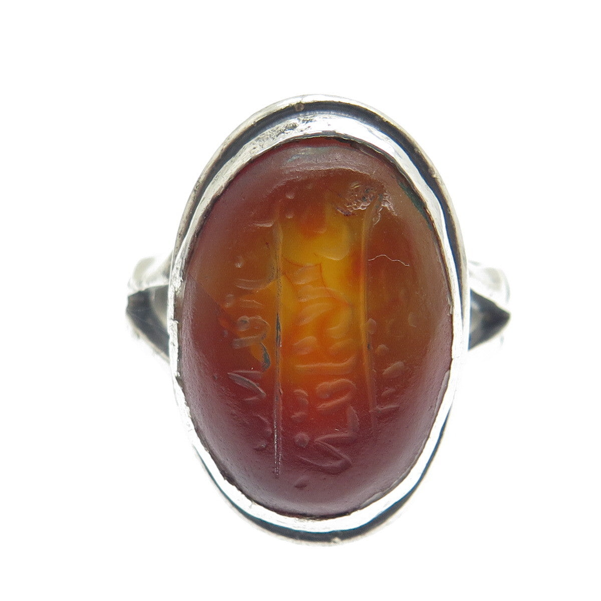 925 Sterling Silver Vintage Real Carved Agate Arabic Script Ring Size 11.75