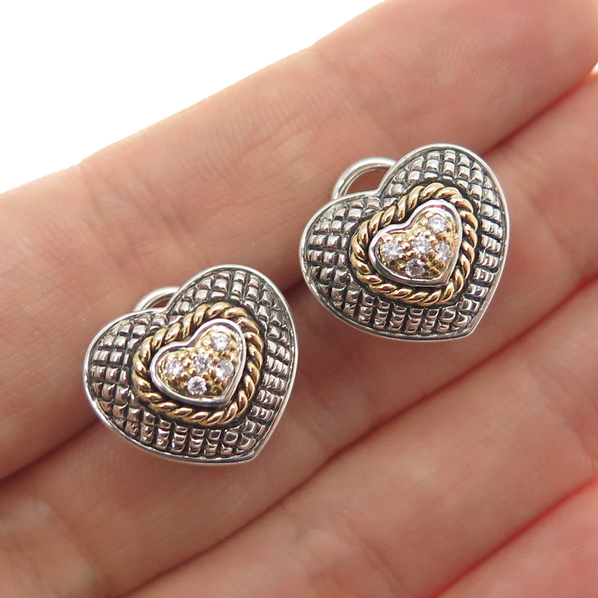 ANDREA CANDELA Sterling Silver 18K Gold Real Diamond Heart Omega Back Earrings