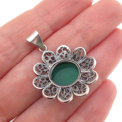 800 Silver Vintage Real Green Onyx Floral Filigree Oxidized Charm Pendant