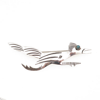 Old Pawn Sterling Silver Vintage Southwestern Turquoise Roadrunner Pin Brooch