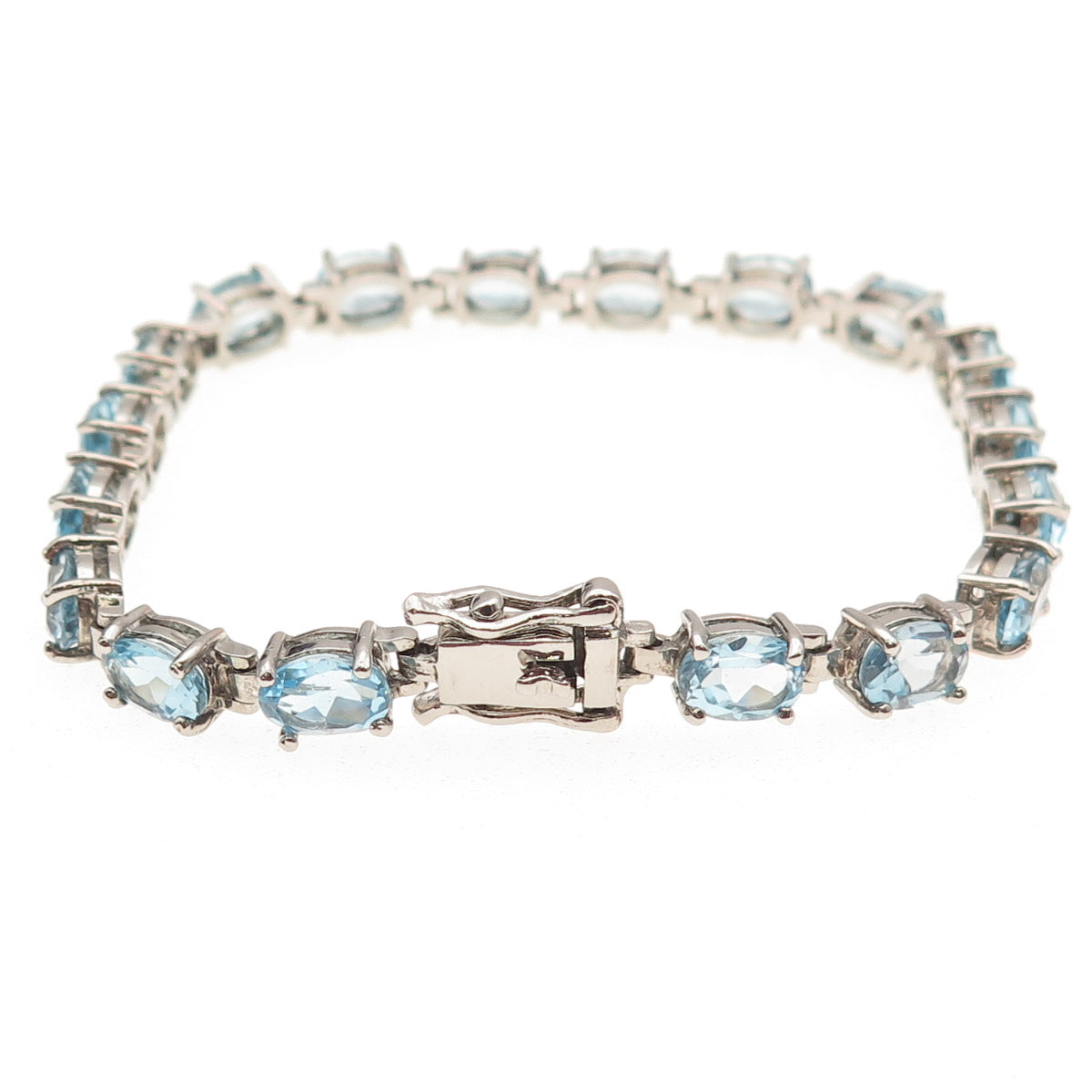 925 Sterling Silver Vintage Real Oval-Cut Blue Topaz Oxidized Bracelet 7.25"