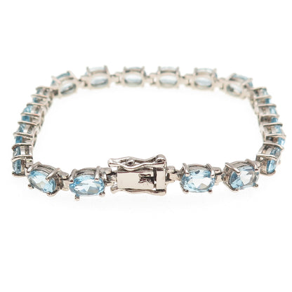 925 Sterling Silver Vintage Real Oval-Cut Blue Topaz Oxidized Bracelet 7.25"