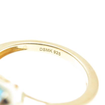 DSMK 925 Sterling Silver Gold Plated Real Blue Topaz Gemstone Ring Size 7