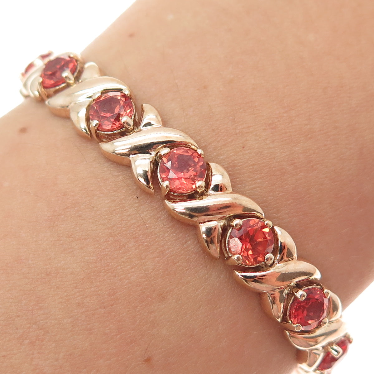 925 Sterling Rose Gold Plated Vintage Real Fire Topaz X Link Bracelet 7.5"