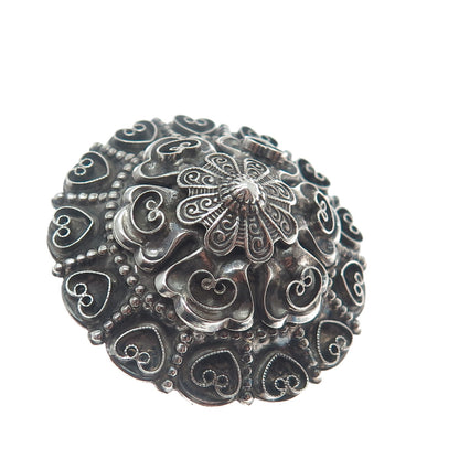 925 Sterling Silver Antique Art Deco Filigree Floral Heart Oxidized Pin Brooch
