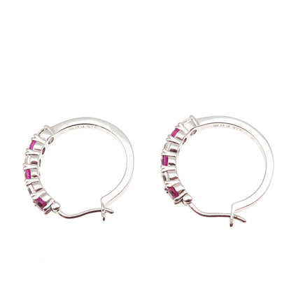 925 Sterling Silver Real Round-Cut White Topaz & Lab-Created Ruby Hoop Earrings