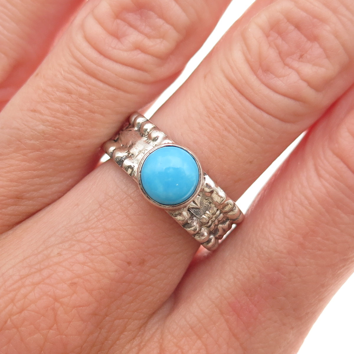 925 Sterling Vintage Real Sleeping Beauty Turquoise Oxidized Ring Size 6.5