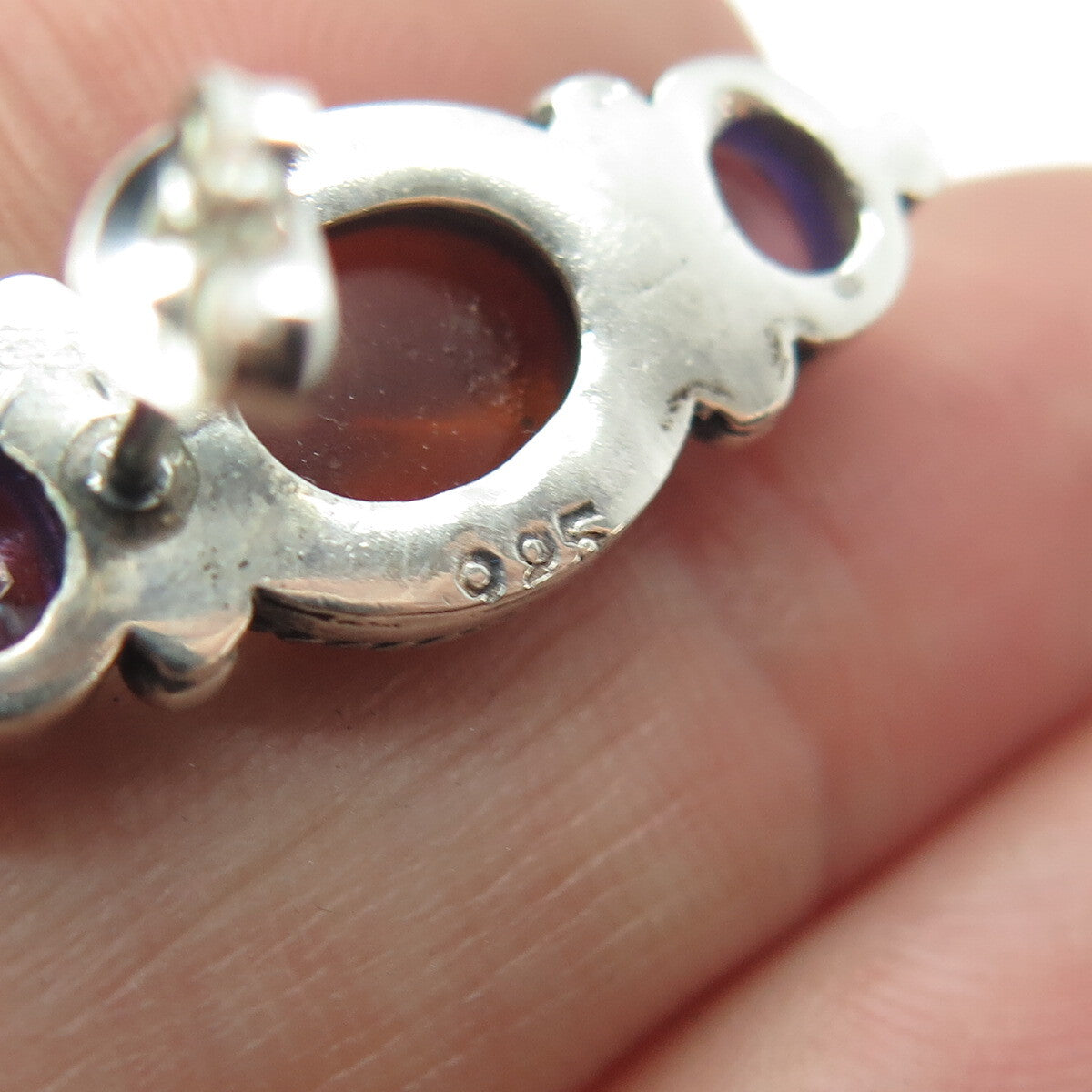 925 Sterling Silver Vintage Real Cabochon Amber & Amethyst Earrings