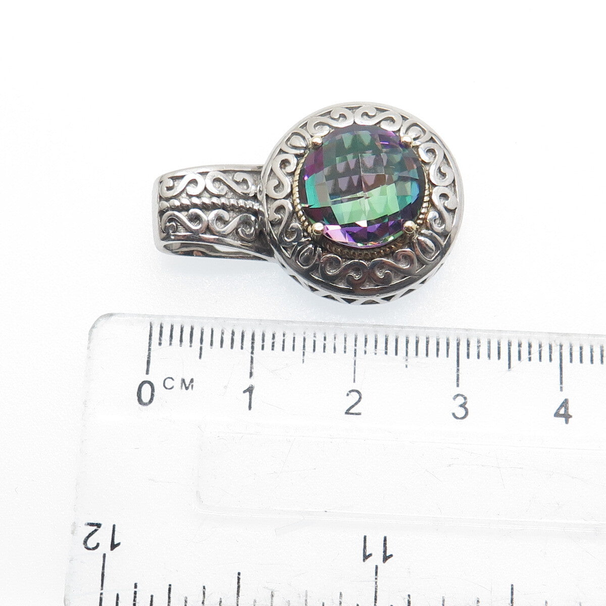 925 Sterling Silver & 14K Gold Real Round-Cut Mystic Topaz Ornate Pendant