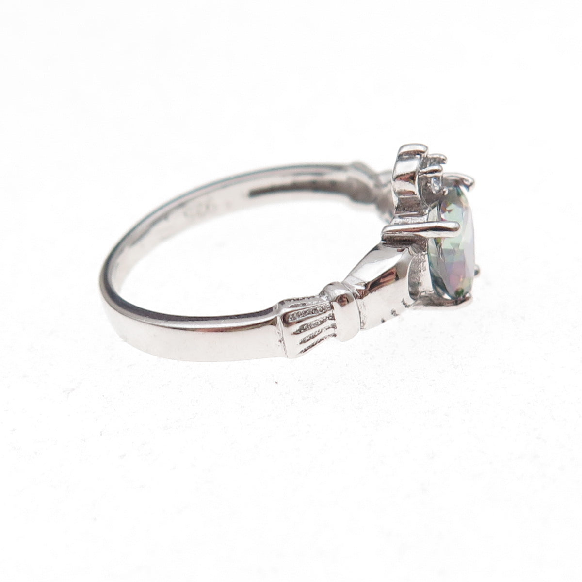 925 Sterling Silver Real Mystic Quartz & C Z Irish Claddagh Ring Size 7.25