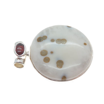 925 Sterling Silver Vintage Real Agate & Red Garnet Modernist Slide Pendant