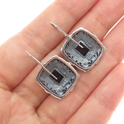 925 Sterling Silver Vintage Real Black Onyx Ornate Oxidized Dangle Earrings