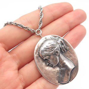 925 Sterling Silver Vintage Lady's Profile Prince-of-Wales Chain Necklace 18''