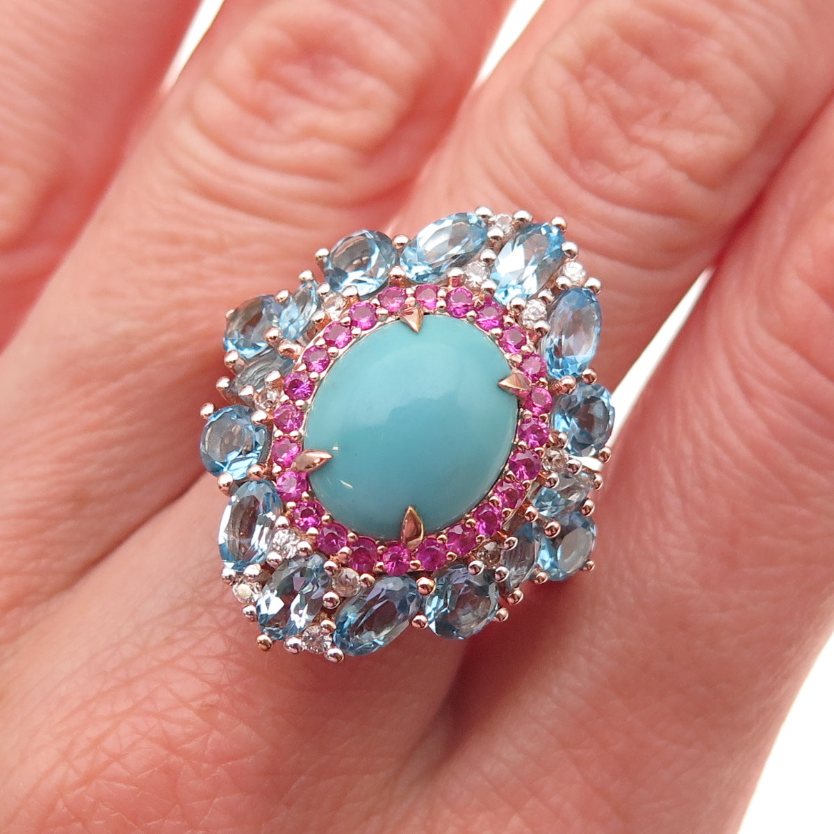 925 Sterling Gold Plated Real Turquoise Ruby Blue & White Topaz Ring Size 8.25