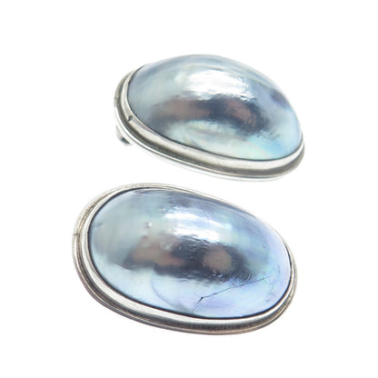 ELYSE 925 Sterling Silver Vintage Real Blue Seashell Oval Clip On Earrings