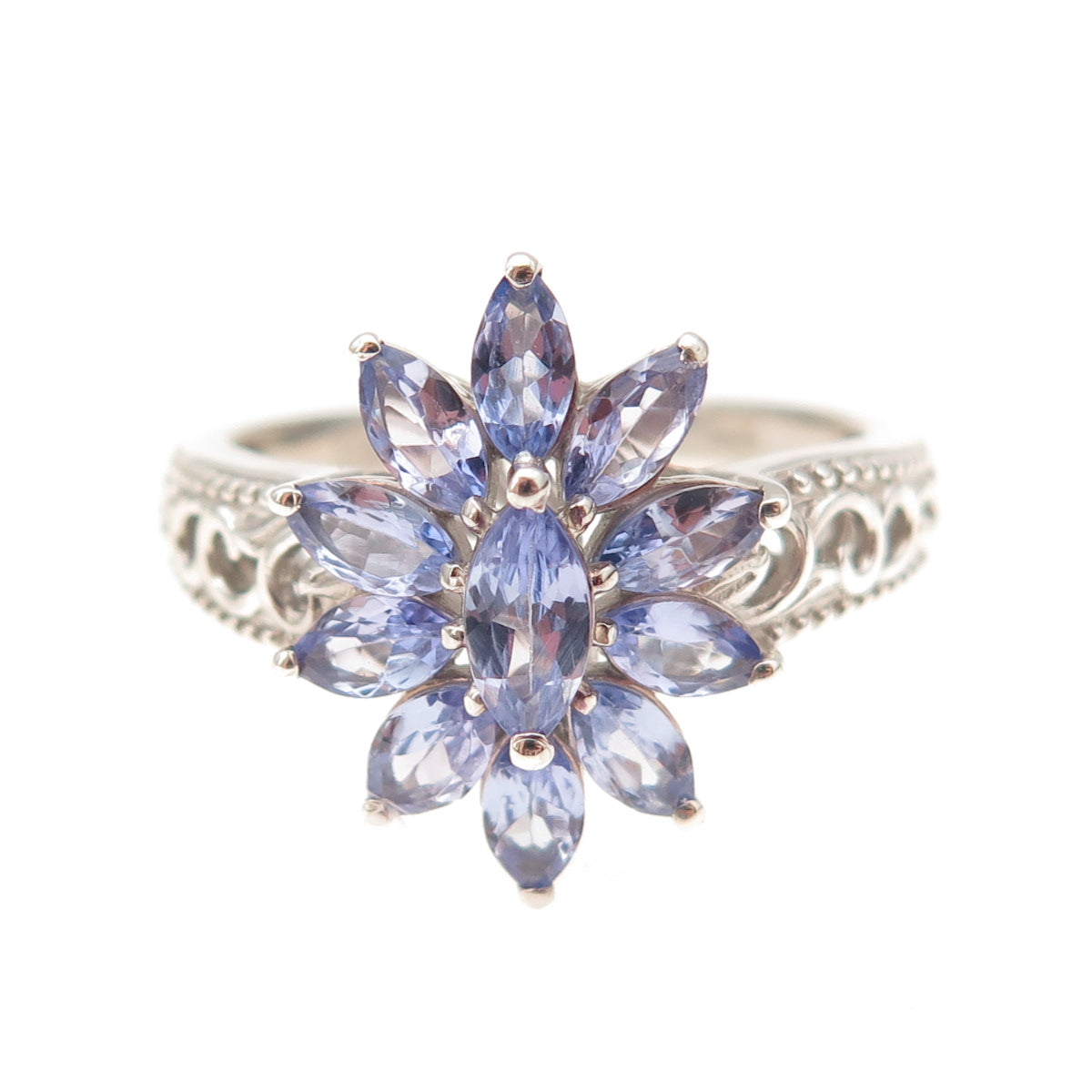 D'Joy 925 Sterling Silver Real Marquise-Cut Tanzanite Floral Ring Size 8