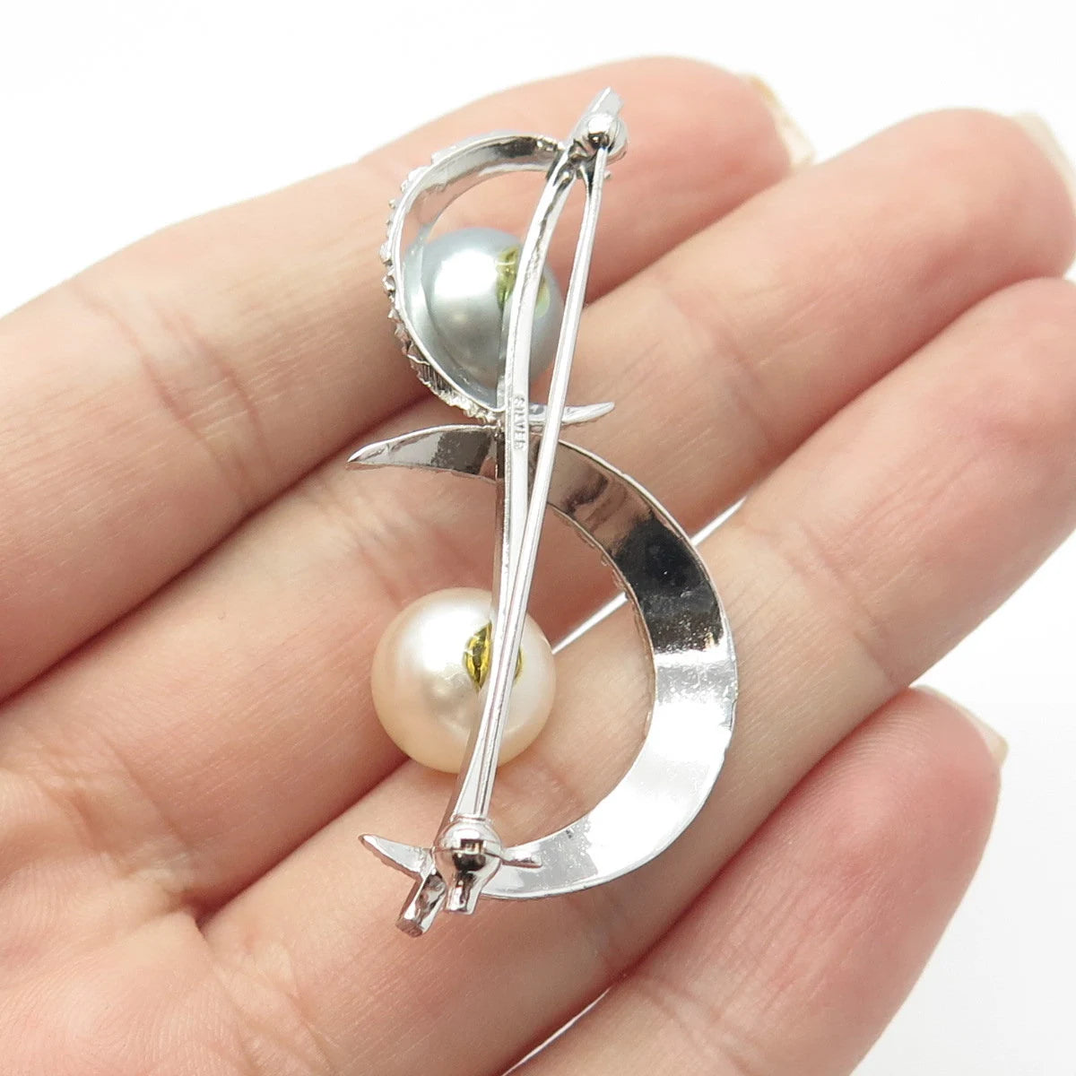 925 Sterling Silver Vintage Faux Cream & Gray Pearl Crescent Moon Pin Brooch