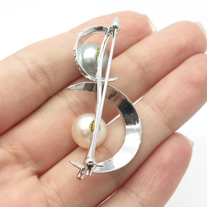 925 Sterling Silver Vintage Faux Cream & Gray Pearl Crescent Moon Pin Brooch