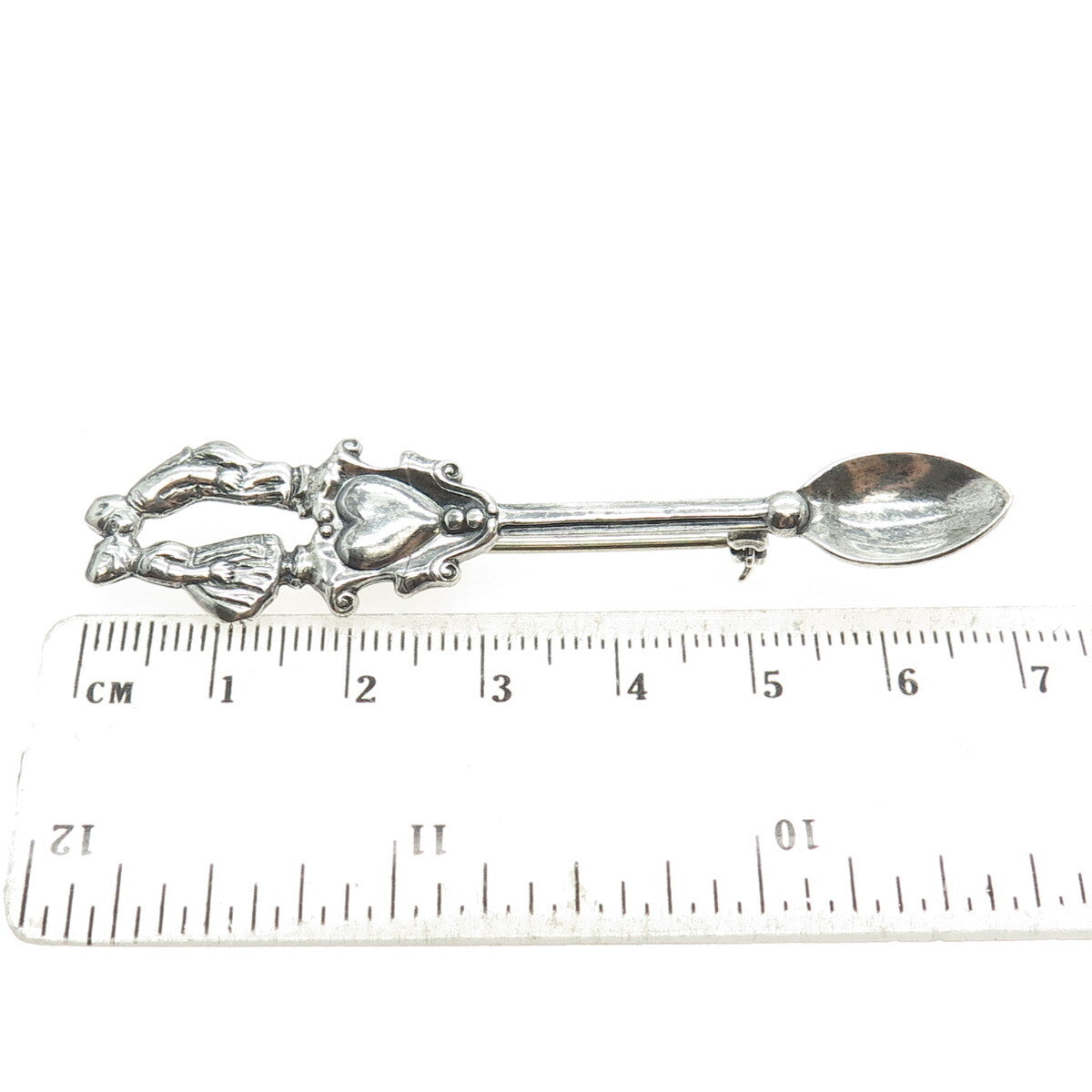 925 Sterling Silver Antique Art Deco Couple Kiss Oxidized Salt Spoon Pin Brooch