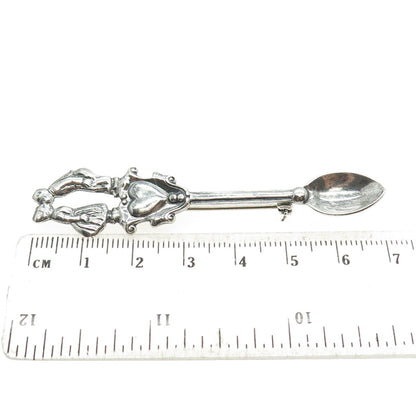 925 Sterling Silver Antique Art Deco Couple Kiss Oxidized Salt Spoon Pin Brooch