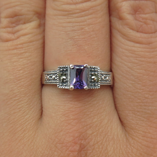 925 Sterling Silver Vintage Real Emerald-Cut Amethyst & Marcasite Ring Size 8.75