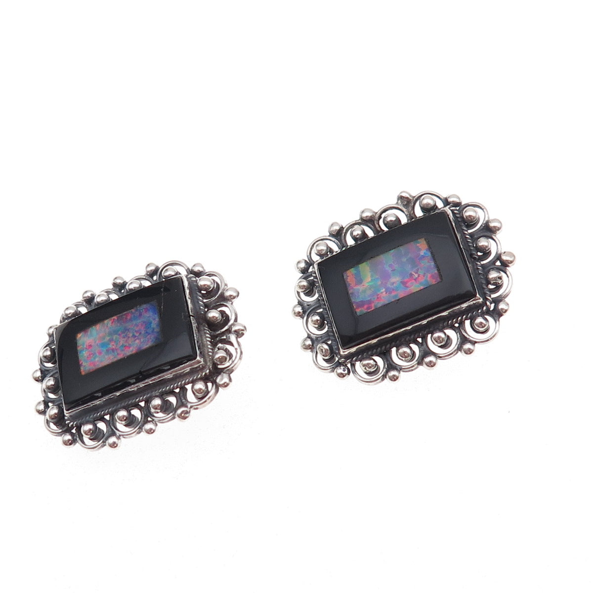 950 Silver Vintage Real Black Onyx & Opal Modernist Oxidized Clip On Earrings