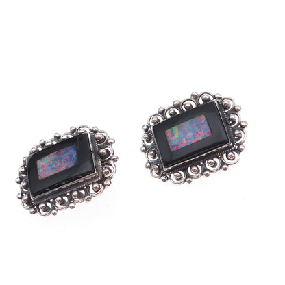950 Silver Vintage Real Black Onyx & Opal Modernist Oxidized Clip On Earrings