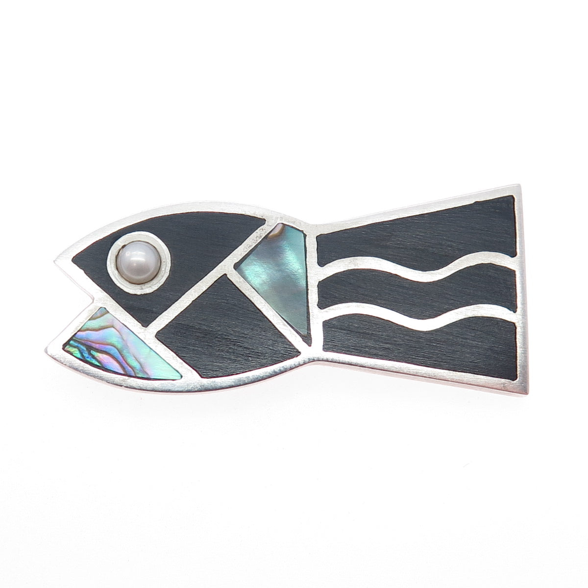 925 Sterling Silver Vintage Real Abalone Shell & Pearl Fish Pin Brooch