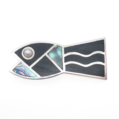 925 Sterling Silver Vintage Real Abalone Shell & Pearl Fish Pin Brooch
