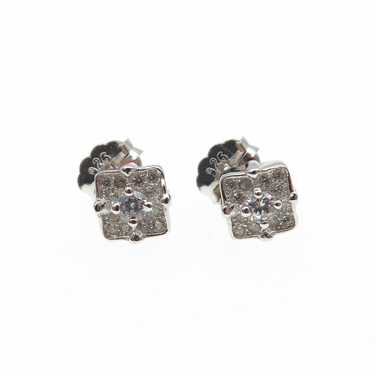 925 Sterling Silver Round-Cut C Z Square Stud Earrings